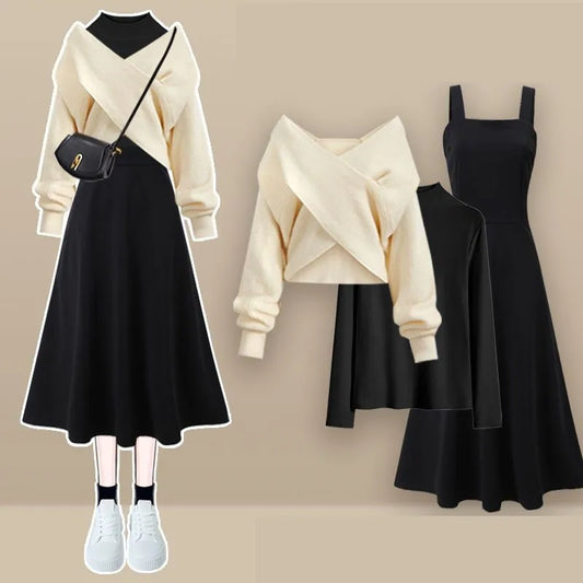 2026 Female Elegant Winter New Cross Knitted Sweater+Bottom Shirt+Black Strap Dress 3-Piece Suit Women Chic Hoodie Matching Set