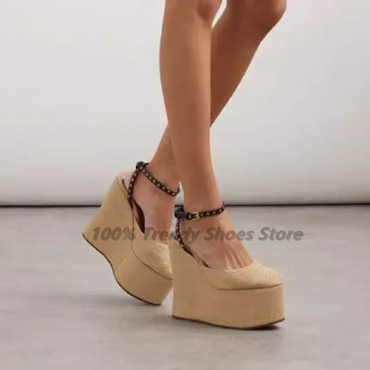 Straw Woven Wedge Sandals with Thick Sole Sponge Cake Ballet Round Toe Belt Buckle and Empty High Heels for Women