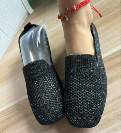 Solid Color Square Toe Mesh Loafers Shallow Women Flats Shoes Soft Bottom Knit Ballet Flats Shoes Casual Slip on Boat Shoes