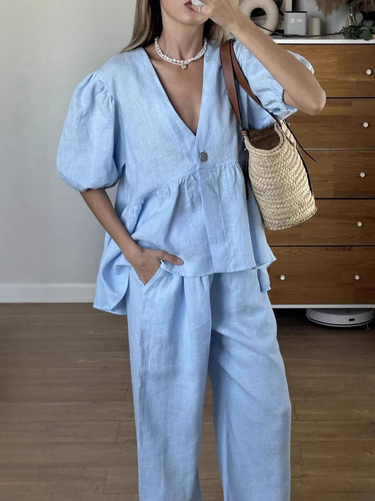 Mumaroho 2025 Women Spring Summer Holiday Pant Set Suits Cotton Solid Outfits V-neck 2 Two Piece Matching Set For Women