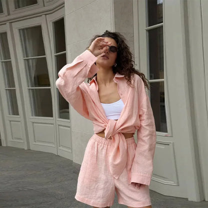 Casual Cotton Linen Pants Suit Women Solid Cozy Lapel Single Breasted Shirt Elastic Waist Wide Leg Pant 2026 Summer Loose Outfit