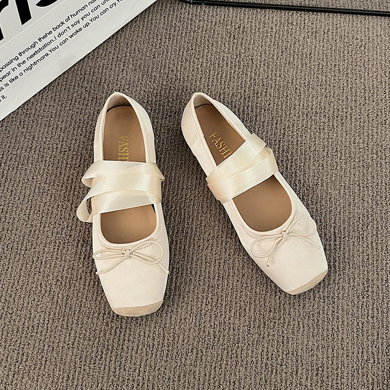 Luxury  Lace Tie Leg Satin Silk Ballet Flats Woman Square Toe Bowknot Elastic Band Ballerinas Ladies Wedding  Floral Shoes