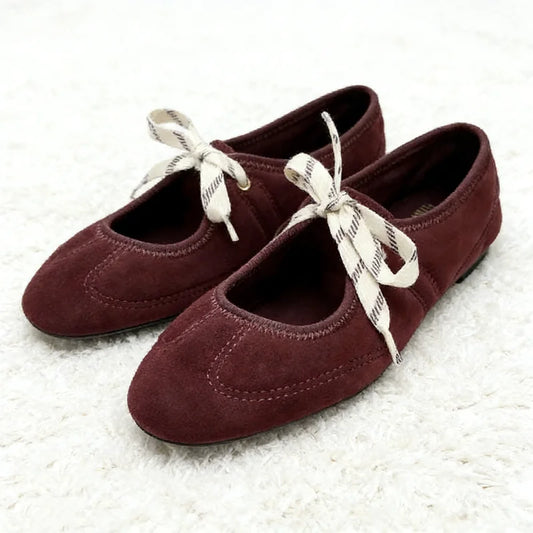 Fashion Lace Up Sewing Design Brand Ballet Flats Women High Quality Faux Suede Mary Jane Shoes Comfortable Round Toe Loafers