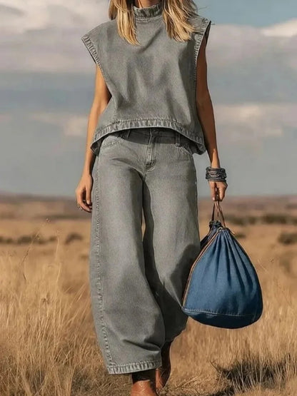 Fashion Denim Two Piece Set for Women Casual Solid Color Loose Simple Sleeveless Top Wide-leg Trousers Holiday Matching Set