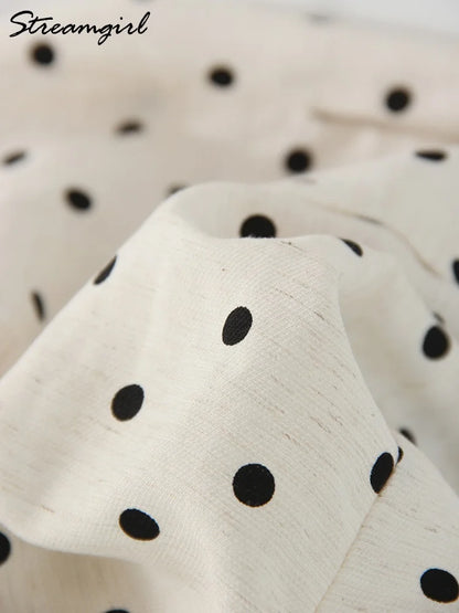 Black Polka Dot Linen Pants Women Wide Leg Summer Trousers Baggy For Ladies White Oversize Cotton Linen Pants Woman Wide