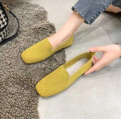 Solid Color Square Toe Mesh Loafers Shallow Women Flats Shoes Soft Bottom Knit Ballet Flats Shoes Casual Slip on Boat Shoes