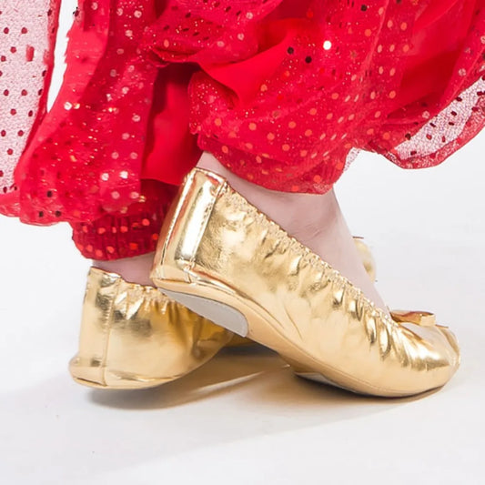 Professional Bowknot Belly Dancing Shoes Golden Leather Foldable Ballet Flats Round Toe Foldable Ballerina Flats Girls