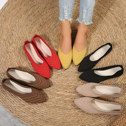 Pointed Toe Flat Shoes Women Office Boat Solid Color Knitted Slip on Shoes Casual Breathable Ballet Flats Women Shoes Loafers