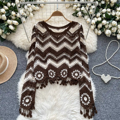 Zig Zag Crochet Sweater Tassel Details Long Sleeve Open-stitch Knit Top Pullover for Women Teen-girl Boho Vacation Outfit