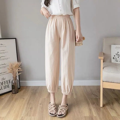 Women Casual Loose Cozy Harem Pants for 2026 New Summer Elastic Waist Beach Linen Pants Solid Color All-match Lantern Trousers