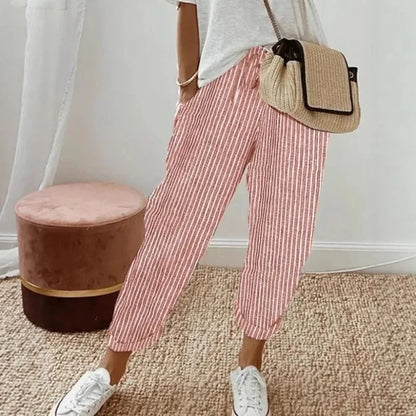 Women's Casual Striped Cotton Linen Pants Elastic Waist Loose Fit Cropped Trousers with Pockets Summer Beach Pants