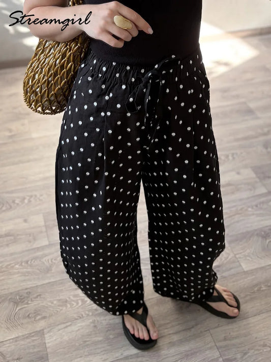 Black Polka Dot Linen Pants Women Wide Leg Summer Trousers Baggy For Ladies White Oversize Cotton Linen Pants Woman Wide