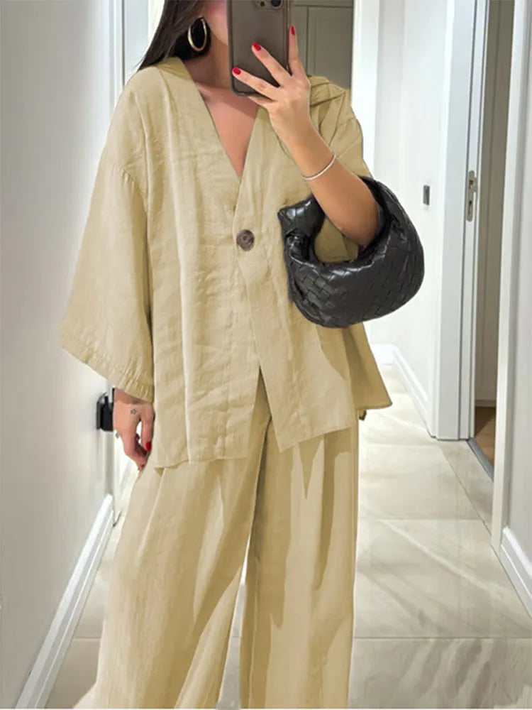 Casual Solid Cotton Linen Pants Suits Women Half Sleeve V Neck One Button Loose Top 2 Piece Set Female 2025 Daily Street Outfits