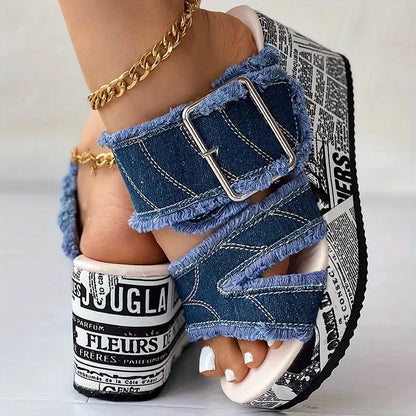 Women Sandals Casual Fashion Vacation Daily Shoes Women Summer New Buckled Denim Platform Wedge Sandals Women Zapatos De Mujer