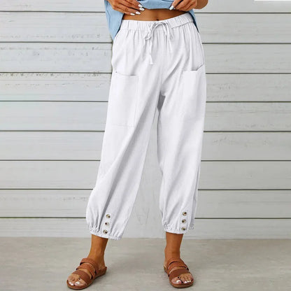 New loose fit high waisted buttoned cotton and linen pants, 9/10 Wide leg women's pants