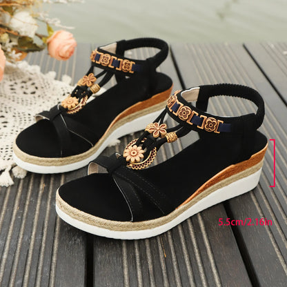 Wedge Sandals for Woman Summer Fashion Black Round Head Flower Decoration Comfortable Beach Shoes