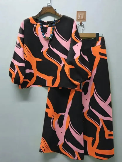 2024 Spring Autumn New Women's Fashion Geometric Printed Casual Matching Set Bohemian Top Wide Leg Pants 2-piece Set