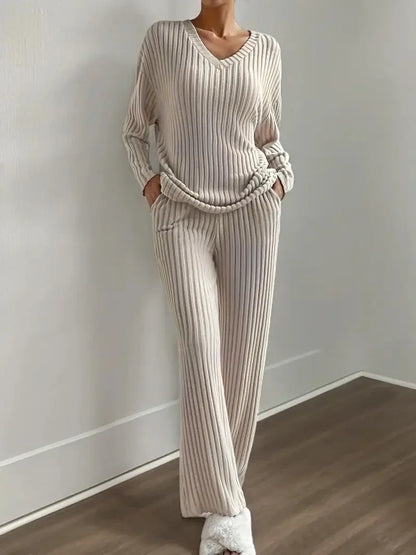 Autumn Winter 2 Pieces Sweater V-neck Ribbed Knit Tops and Trousers Matching Set Women Homewear Casual Outfits