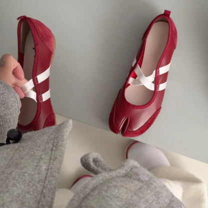 Split-Toe Casual Ballet Flats Shoes Women Pu Leather Cross Band Mary Janes Shoes Spring Autumn Streetwear Elegant Loafers New