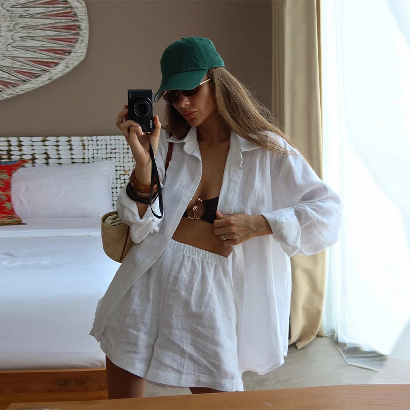 Casual Cotton Linen Pants Suit Women Solid Cozy Lapel Single Breasted Shirt Elastic Waist Wide Leg Pant 2026 Summer Loose Outfit