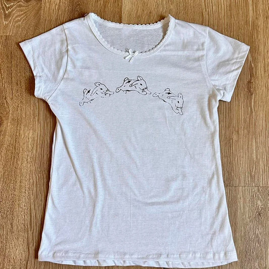 Y2k Clothes Women's T-Shirt E-girl Baby Tee Slim Gothic Rabbit Print Streetwear Vintage Harajuku Punk Grunge Crop Top Casual