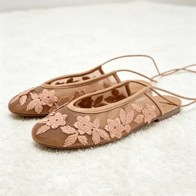 Women’s mesh ballet flats with embroidered floral design and breathable hollow detailing