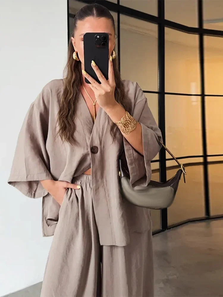 Casual Solid Cotton Linen Pants Suits Women Half Sleeve V Neck One Button Loose Top 2 Piece Set Female 2025 Daily Street Outfits