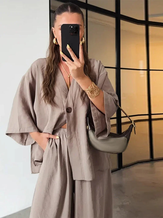 Casual Solid Cotton Linen Pants Suits Women Half Sleeve V Neck One Button Loose Top 2 Piece Set Female 2025 Daily Street Outfits