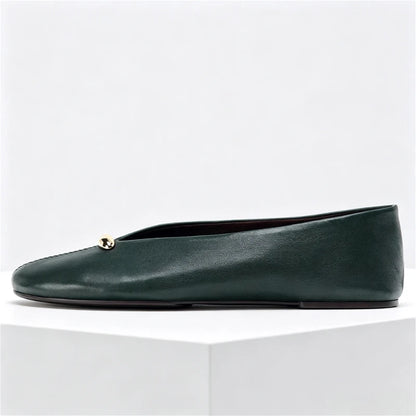 Luxury Metal Buckle Decoration Ballet Flats Women Green Leather Ballet Sneakers Light Soft Sole Comfortable Loafers for Ladies