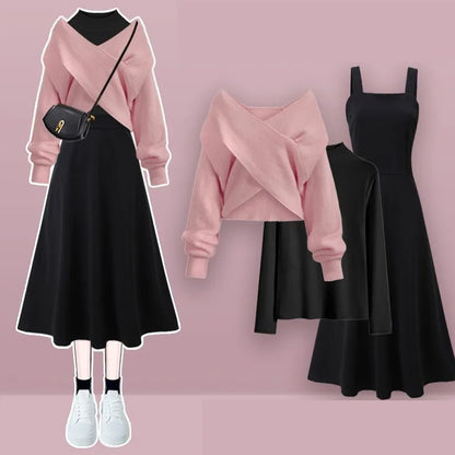 2026 Female Elegant Winter New Cross Knitted Sweater+Bottom Shirt+Black Strap Dress 3-Piece Suit Women Chic Hoodie Matching Set