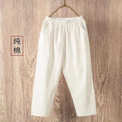 Women's Loose Cotton Linen Pants High Waist Nine Points Slimming Casual Harlan Pants Breathable Thin Linen Material