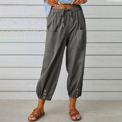 New loose fit high waisted buttoned cotton and linen pants, 9/10 Wide leg women's pants