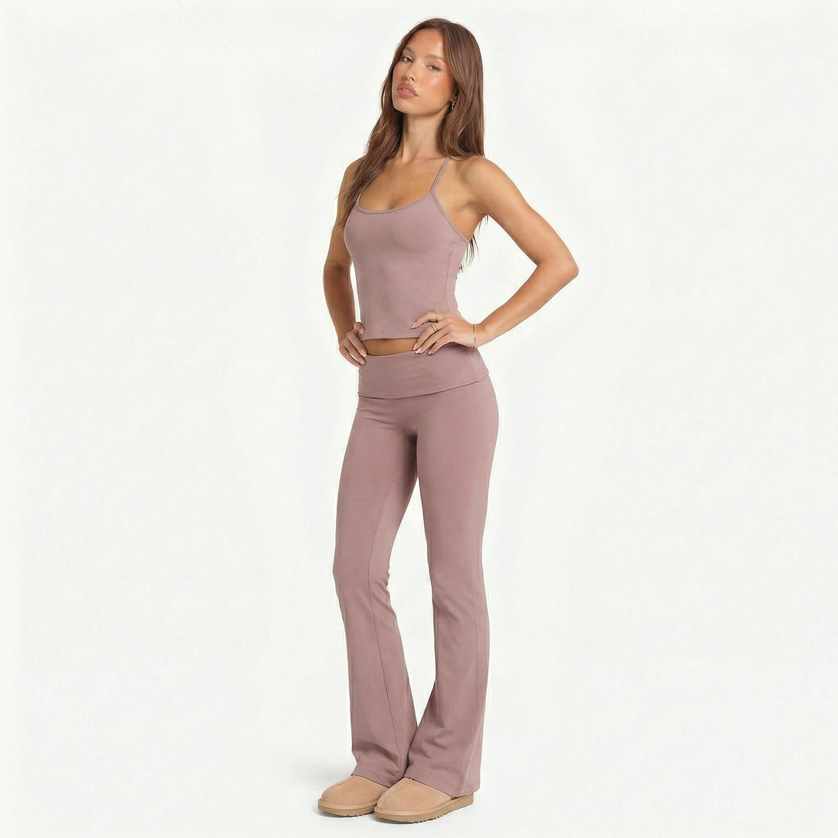 2 Piece Yoga Set Women Foldover Waist Flare Pants Bell Bottoms Tank Top Matching Set Gym Workout Fitness Wear Lounge Wear Suit