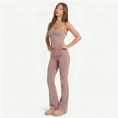 2 Piece Yoga Set Women Foldover Waist Flare Pants Bell Bottoms Tank Top Matching Set Gym Workout Fitness Wear Lounge Wear Suit