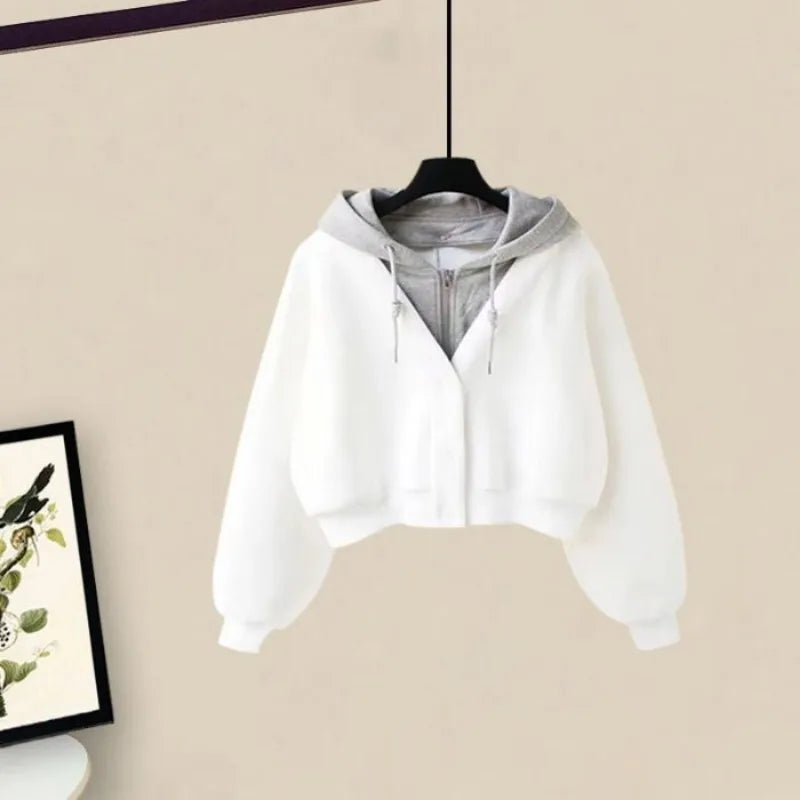 2026 Girl Spring Autumn New Casual Tracksuit Matching Set Korean Elegant Fake Two-piece Hooded Sweatshirt+Loose Cargo Pants Suit