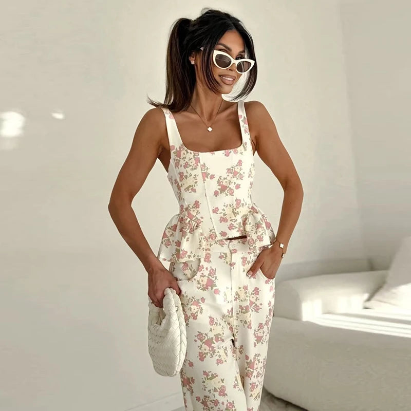 Women Pants Sets Peplum Matching Set Floral Print Vest Sleeveless Top Wide Leg Trousers 2-Piece Outfit Spring Woman Clothes