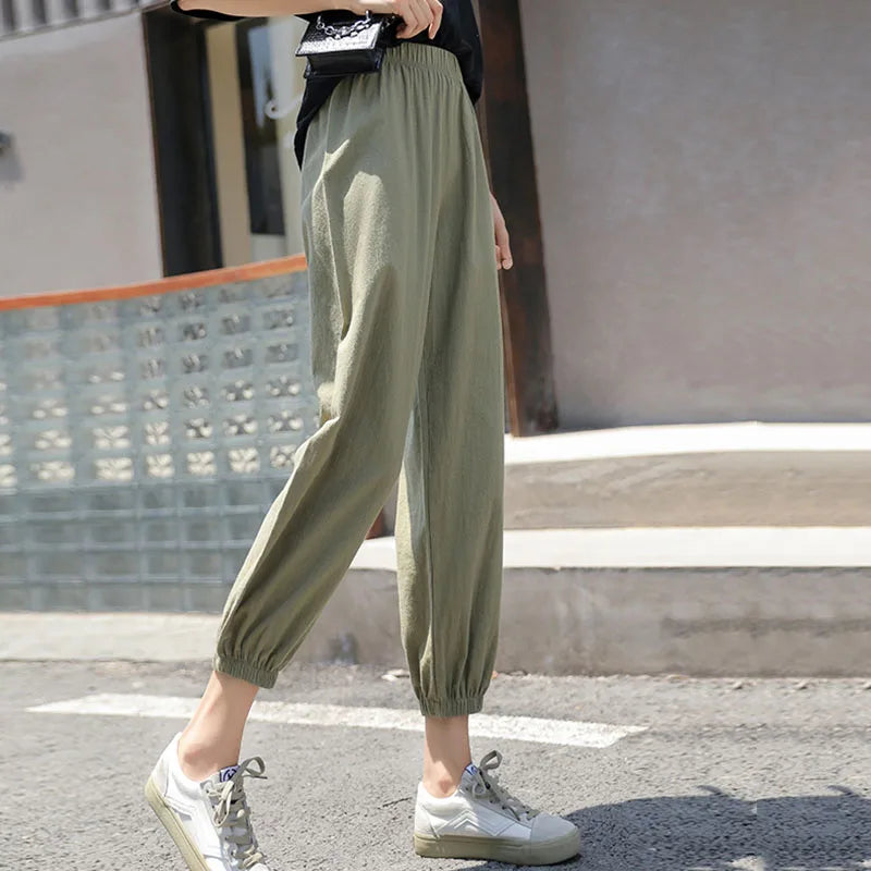 Women Casual Loose Cozy Harem Pants for 2026 New Summer Elastic Waist Beach Linen Pants Solid Color All-match Lantern Trousers