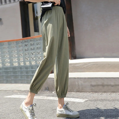Women Casual Loose Cozy Harem Pants for 2026 New Summer Elastic Waist Beach Linen Pants Solid Color All-match Lantern Trousers