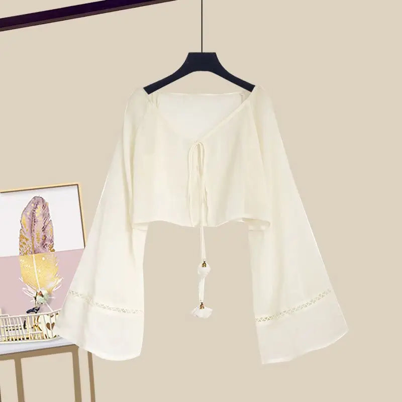 Women's Summer New Elegant Chiffon Sunscreen Shirt+Strap Skirt Two piece Suit 2026 Lady Korean Fashion Sexy Dress Matching Set