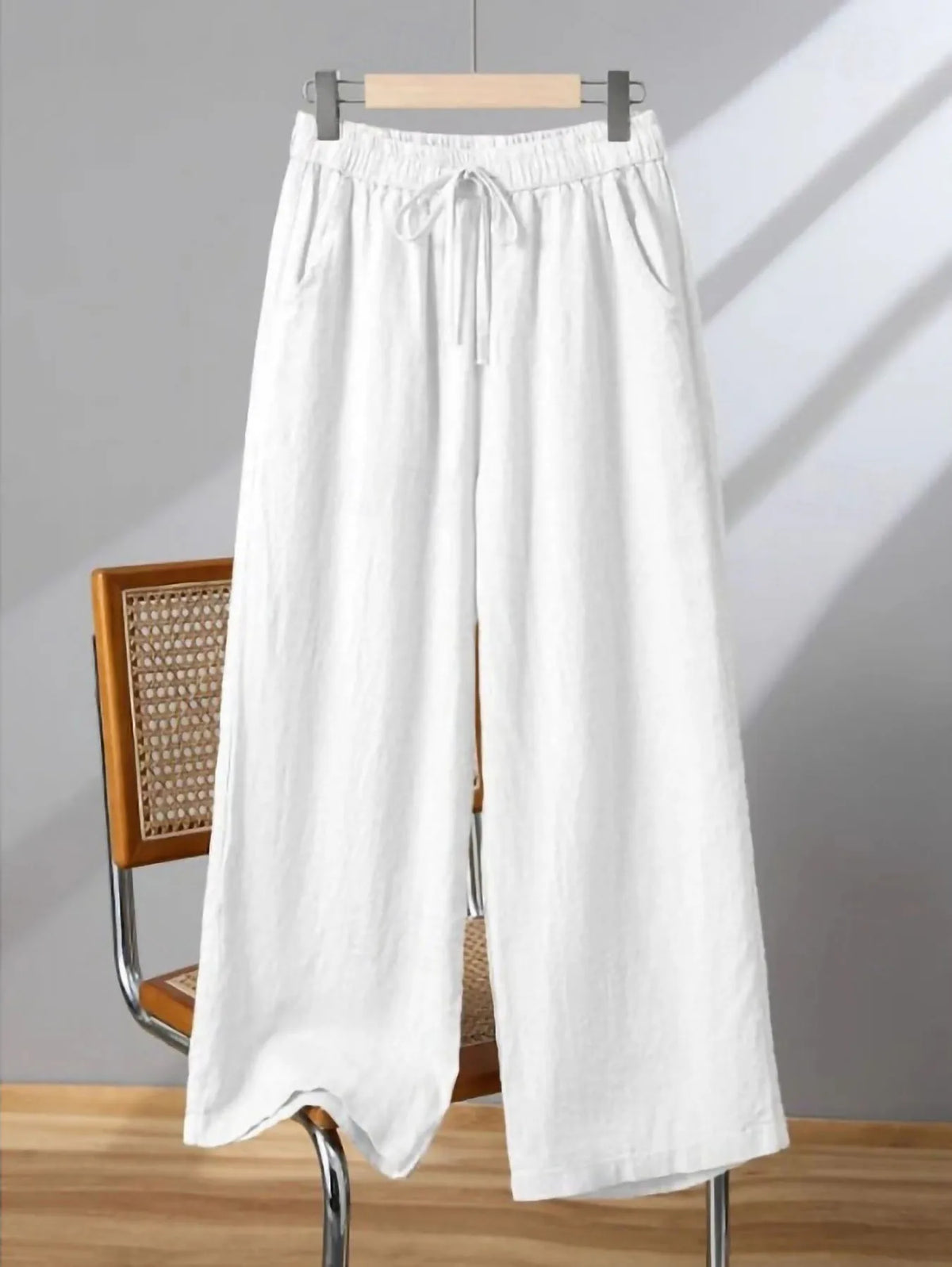 Women's Elastic Waist Linen Pants - Solid Color Wide Leg Trousers, Breathable Loose Fit Palazzo Pants