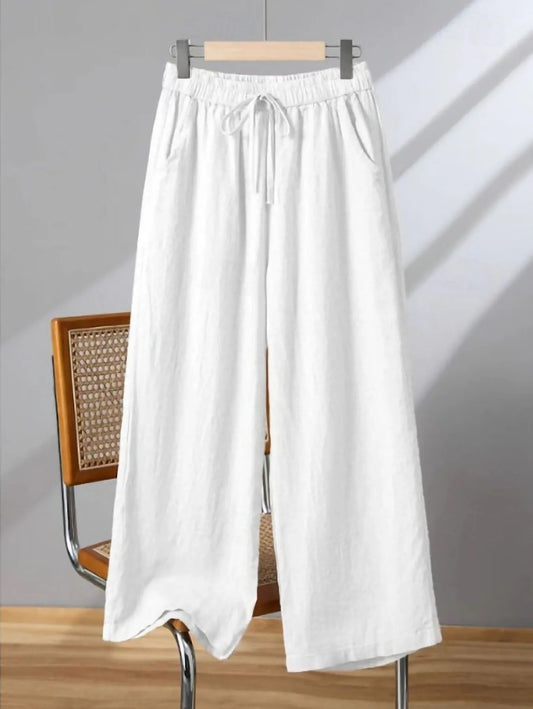 Women's Elastic Waist Linen Pants - Solid Color Wide Leg Trousers, Breathable Loose Fit Palazzo Pants