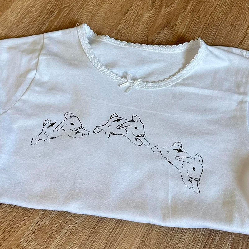 Y2k Clothes Women's T-Shirt E-girl Baby Tee Slim Gothic Rabbit Print Streetwear Vintage Harajuku Punk Grunge Crop Top Casual