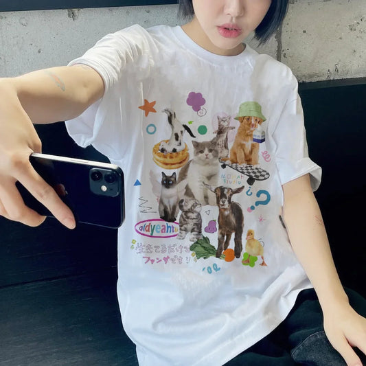Retro Harajuku Fashion Women Shirt Cute Milk Cat Graphic T-Shirts Oversized Tee Y2k Aesthetic Female Tees Streetwear Tops