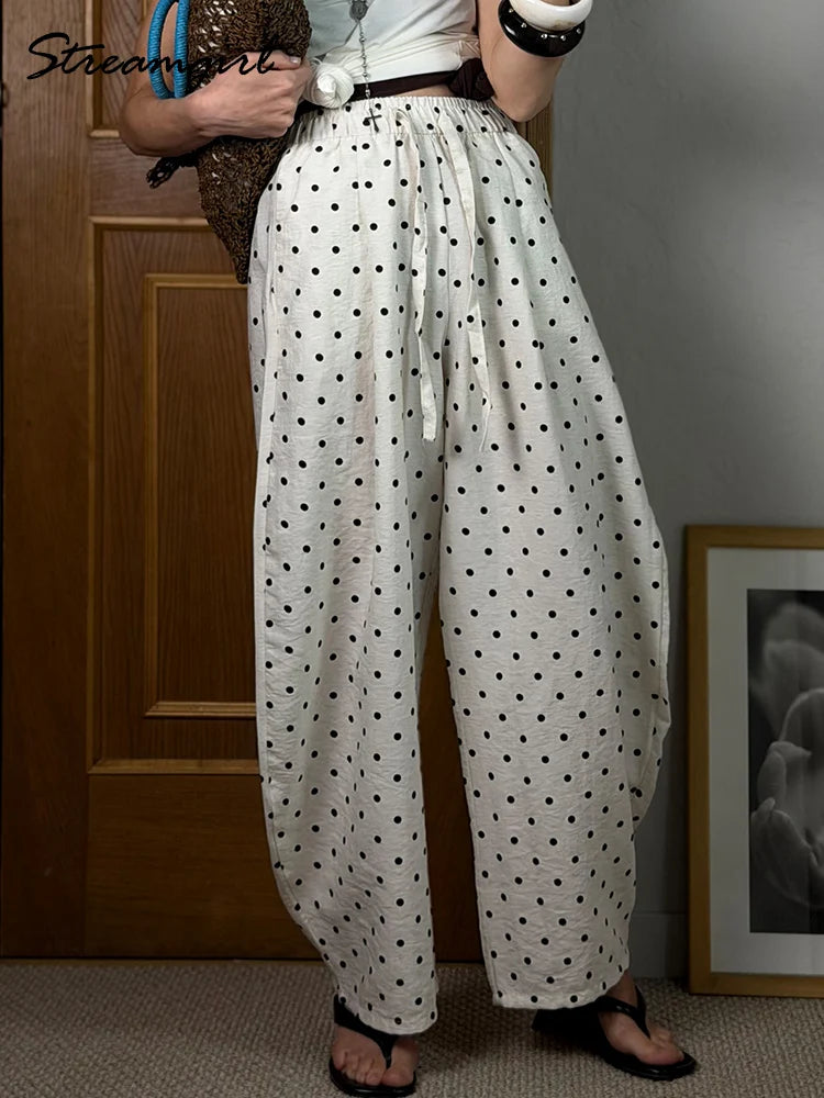 Black Polka Dot Linen Pants Women Wide Leg Summer Trousers Baggy For Ladies White Oversize Cotton Linen Pants Woman Wide