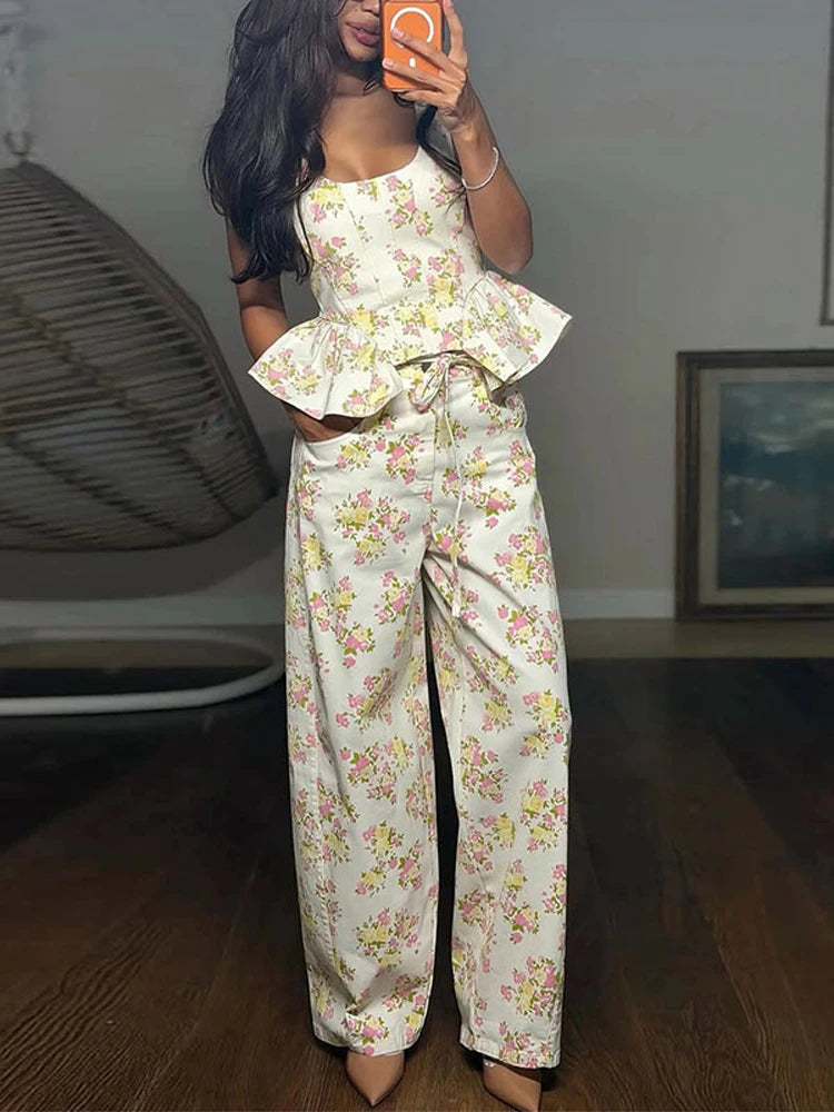 Women Pants Sets Peplum Matching Set Floral Print Vest Sleeveless Top Wide Leg Trousers 2-Piece Outfit Spring Woman Clothes