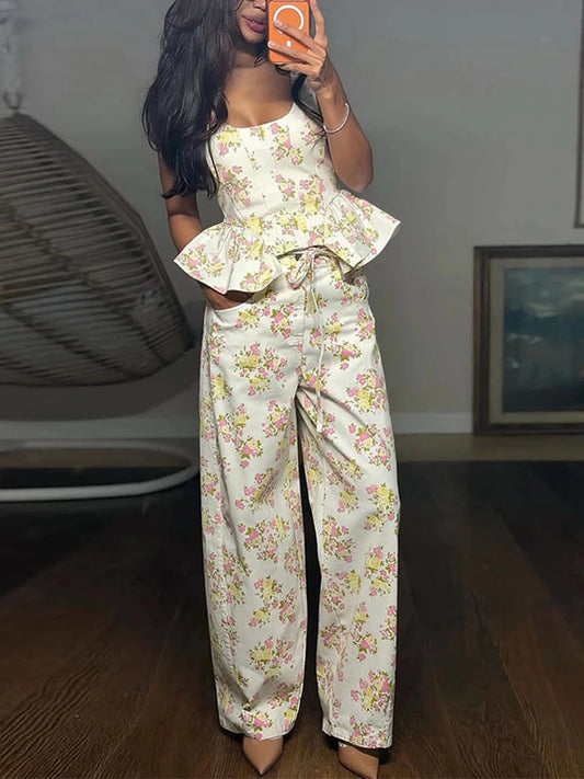 Women Pants Sets Peplum Matching Set Floral Print Vest Sleeveless Top Wide Leg Trousers 2-Piece Outfit Spring Woman Clothes