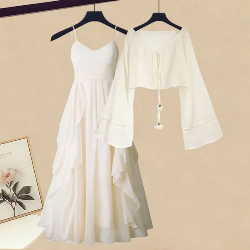 Women's Summer New Elegant Chiffon Sunscreen Shirt+Strap Skirt Two piece Suit 2026 Lady Korean Fashion Sexy Dress Matching Set