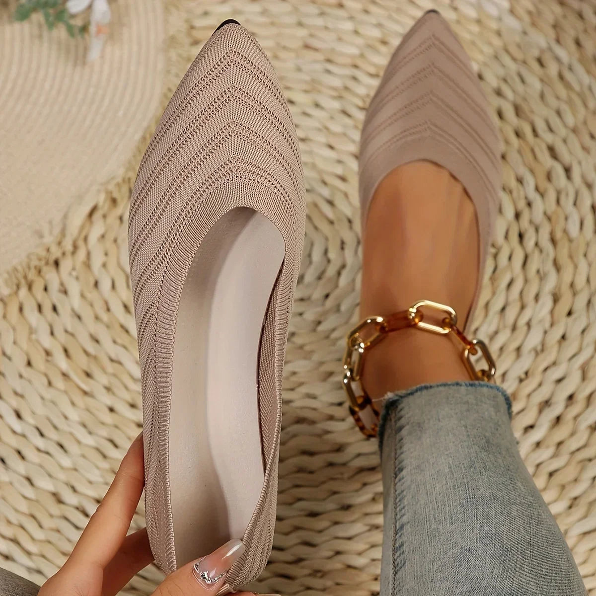 Pointed Toe Flat Shoes Women Office Boat Solid Color Knitted Slip on Shoes Casual Breathable Ballet Flats Women Shoes Loafers
