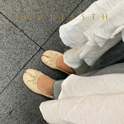 NEW Split Toe Tabi Shoes Size 43 Genuine Leather White Ballet Flats Women Low Heel Mary Janes Pumps Ballerinas Zapatos Mujer