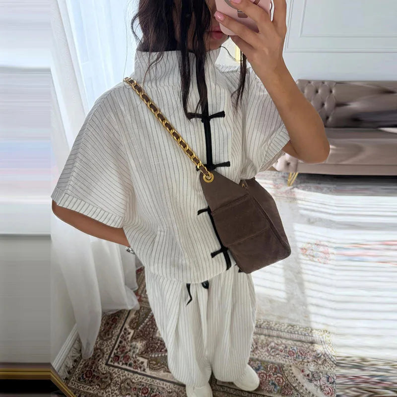 Casual Women's Linen Pants Set 2 Pieces Loose Lace Up Lapel Buttons Shirt Wide Leg Pant 2026 Spring Summer Lady Holiday Suits